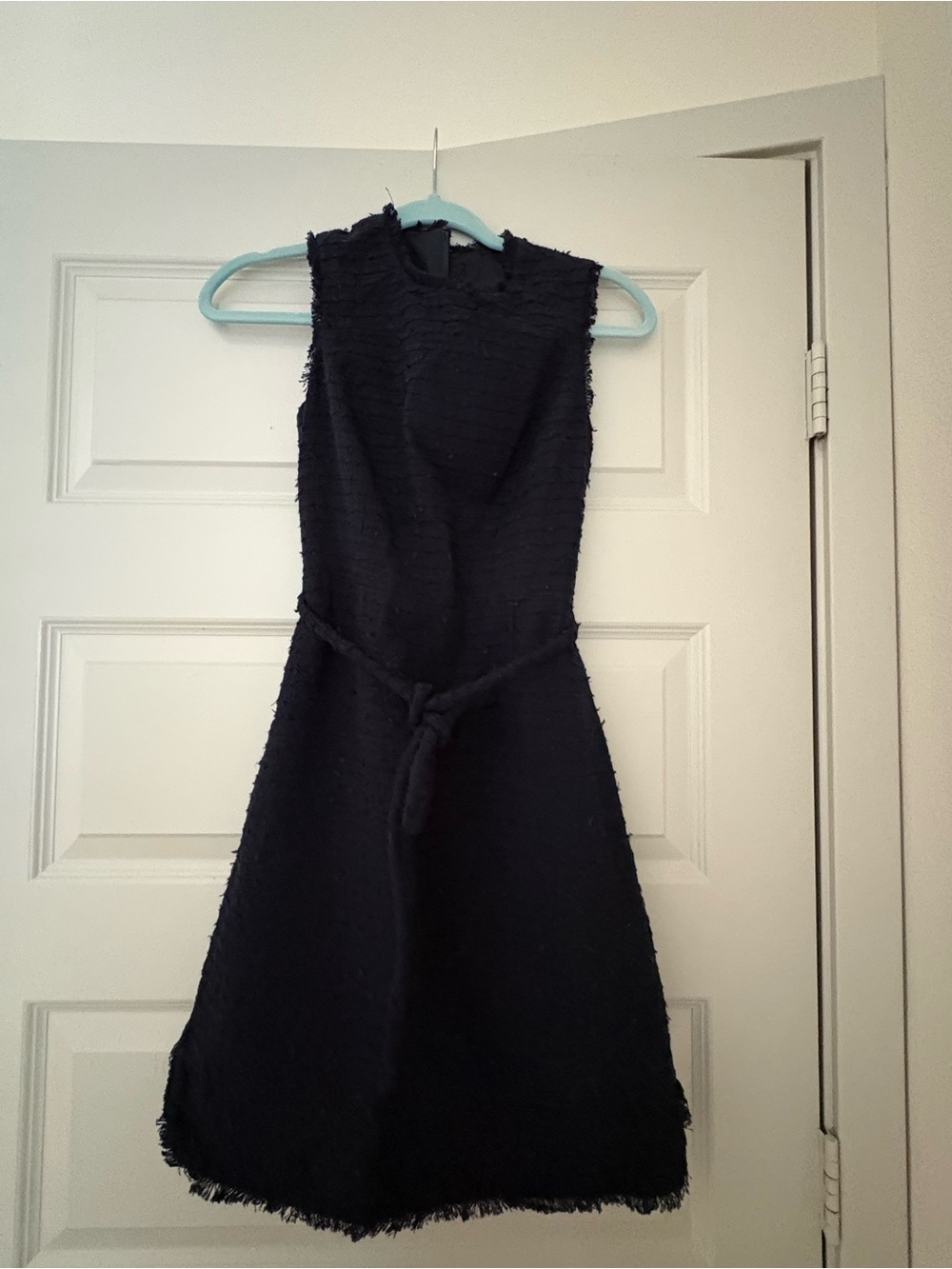 Brooks Brothers Navy Tweed Fringe Sleeveless Belted Dress.